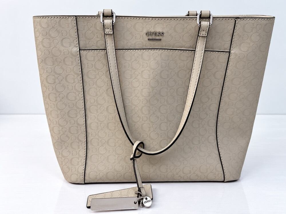 GUESS Beige Monogram Logo Tote Bag Large Shoulder Handbag Silver Hardware